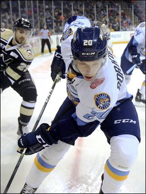 Toledo's Mike Borkowski (20) scored the first goal in the Walleye's win against Indy Tuesday night.