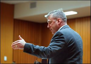 Lenawee County Chief Assistant Prosecutor R. Scott A. Baker speaks during a hearing for Sharon Kay Evans, who is accused of keeping hundreds of animals in poor conditions.