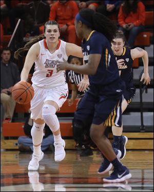 BGSU's Andrea Cecil, shown in a game against Toledo earlier this season, scored 20 points off the bench in the Falcons' loss at Northern Illinois Saturday.