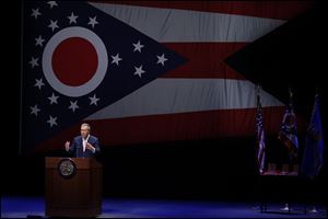 Ohio Governor John Kasich speaks during the Ohio State of the State address Tuesday in the Fritsche Theater at Otterbein University in Westerville.