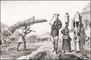 A drawing by Jean Baptiste Debret of laborers selling goods in Brazil.