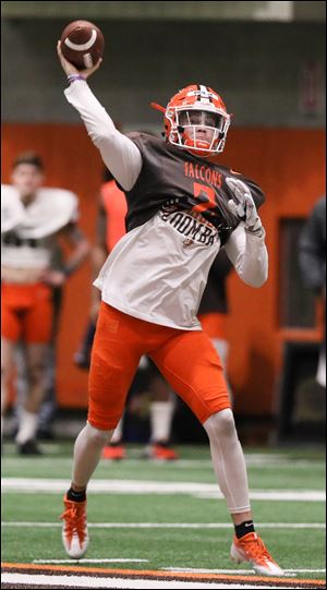 Bowling Green State University quarterback Jarret Doege throws a pass during the BGSU spring game Saturday, April 14, 2018, at the Perry Fieldhouse in Bowling Green.