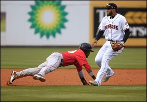 Toledo's Dawel Lugo, right, is about to tag out Pawtuckets Aneury Tavarez to end a rundown in Saturday's contest. Lugo ranks among the International League's top hitters early this season.