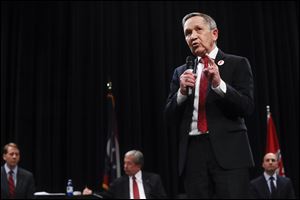 Former U.S. Rep. Dennis Kucinich of Ohio speaks during the Ohio Democratic Party's fifth debate in the primary race for governor, Tuesday, April 10, 2018 in Middletown. 