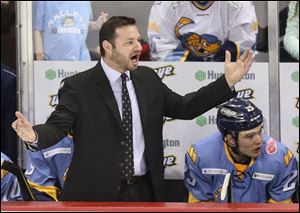 Walleye head coach Dan Watson reacts to a call. Watson is in the mix for coaching jobs at the AHL level.
