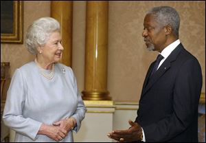 In this October, 2004 file photo Britain's Queen Elizabeth II, left, receives the Secretary General of the United Nations, Kofi Annan, at Buckingham Palace, in London.